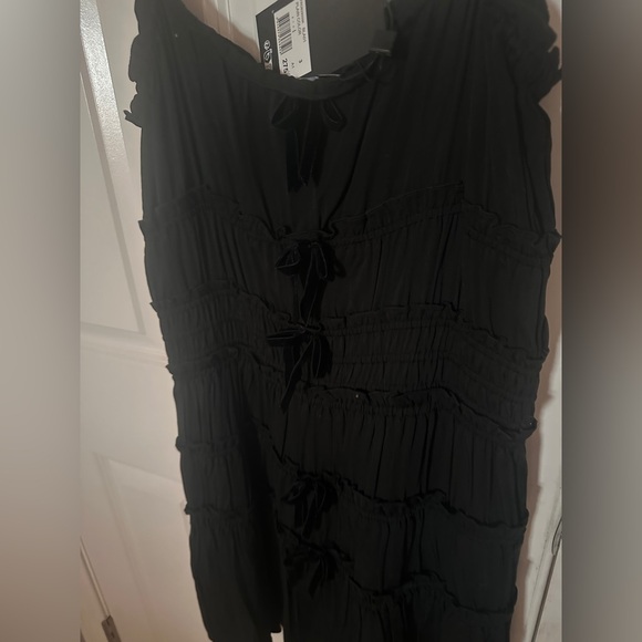 The Kooples Bow-Embellished Ruched Woven Mini Dress in Black, FR Sz 3 = US 8 - Picture 5 of 8